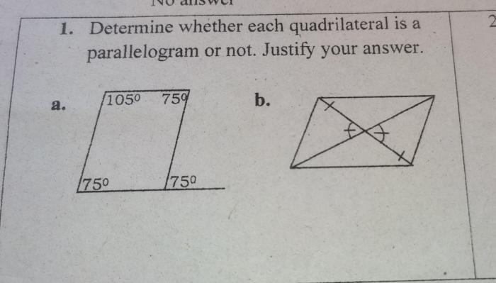 Determine whether each quadrilateral is a parallelogram. justify your answer